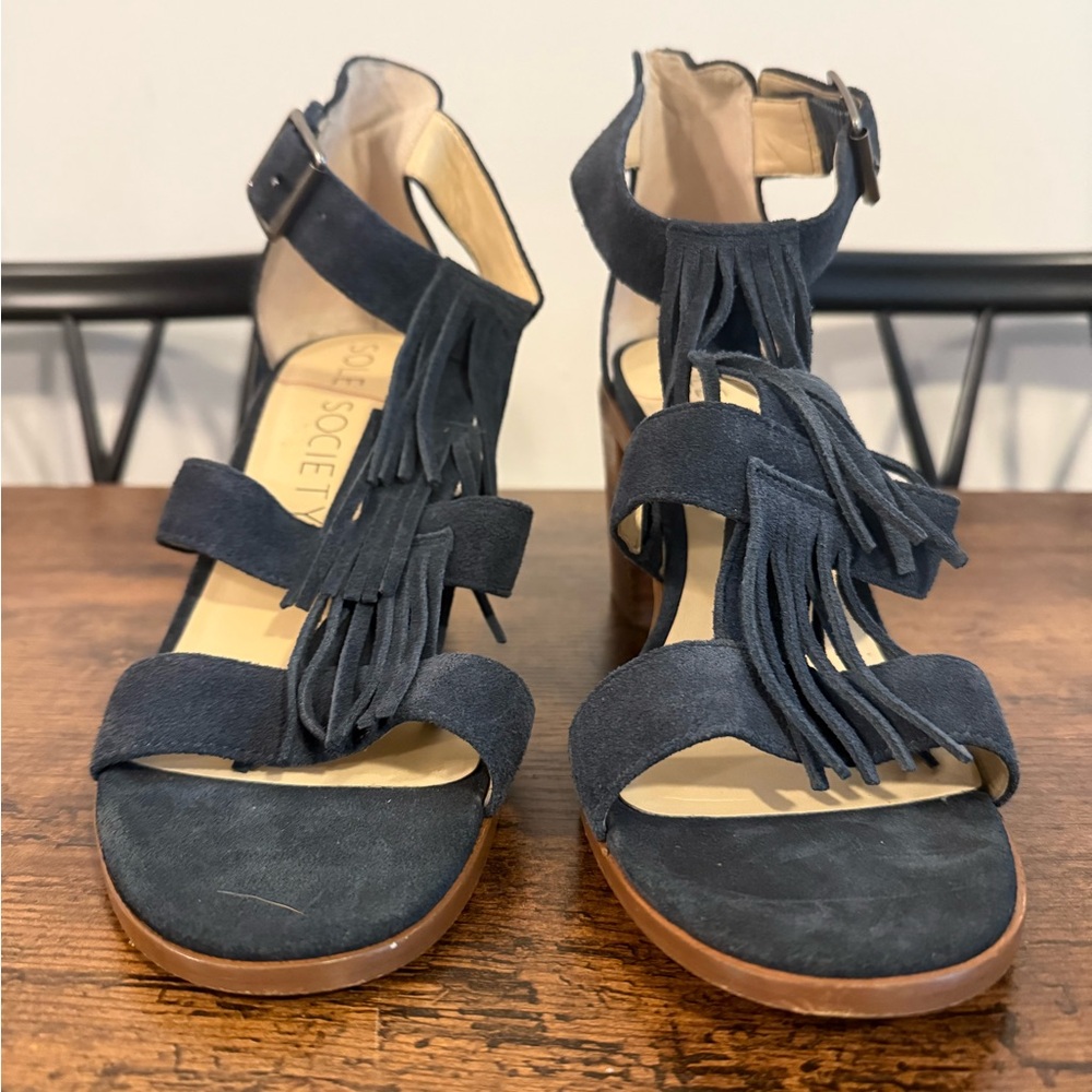 Sole Society Navy Fringe Heeled Sandals